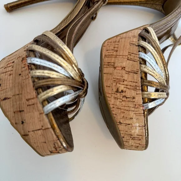 BCBG Gold Strappy Cork Platform Heels, Size 7 - Picture 6 of 11